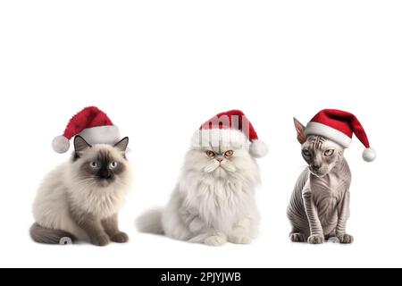 Drei Katzen in roten Weihnachtsmann-Hüten isoliert auf weißem Hintergrund. Ragdoll-, perser- und sphynx-Rasse mit weihnachtsmann-Hut Stockfoto