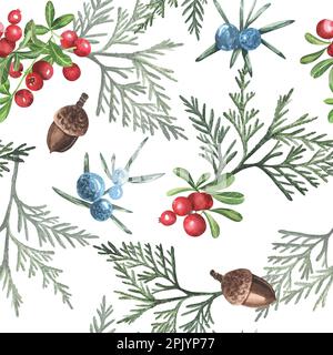 Weihnachtliches Nahtmuster mit Beerenblümchen. Aquarell, botanische Darstellung. Farbenfroh. Cowberry, Wacholder, Eichel Stockfoto