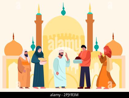 Fröhliche muslimische Gemeinschaft und gemeinsam feiern, Geschenke austauschen, sich an wohltätigen Taten beteiligen und einander gratulieren, mit einer Moschee-Silhouette im Hintergrund. Vektor. Stock Vektor