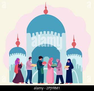 Fröhliche muslimische Gemeinschaft und gemeinsam feiern, Geschenke austauschen, sich an wohltätigen Taten beteiligen und einander gratulieren, mit einer Moschee-Silhouette im Hintergrund. Vektor. Stock Vektor