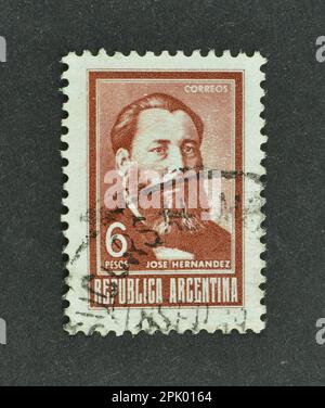 Der von Argentinien gedruckte Briefmarken zeigt Jose Hernandez, Schriftsteller, Journalist, Dichter und Politiker, etwa 1965. Stockfoto