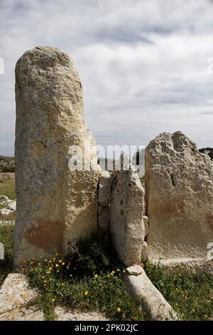 Qrendi, Malta. 25. März 2023. Der Hagar Qim Tempel (3600 und 3200 v. Chr.) befindet sich in der Nähe von Qrendi auf einem Hügel im Süden Maltas. Stockfoto