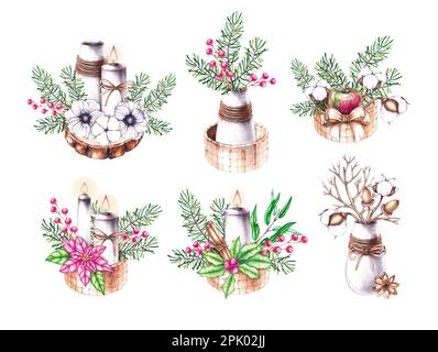 Aquarelle Weihnachtssträuße im Korb, Vase mit Piniennadeln, Apfel, Eichel, Anemone, Kerze vor weißem Hintergrund. Isolierte Illustration Stockfoto