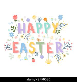 Frohe Osterschrift. Farbenfrohe Blumenexplosion. Vektordarstellung, flaches Design Stock Vektor