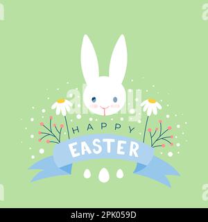 Frohe Ostern. Grußkarte mit Häschen, Gänseblümchen, Ästen und Eiern. Vektordarstellung, flaches Design Stock Vektor