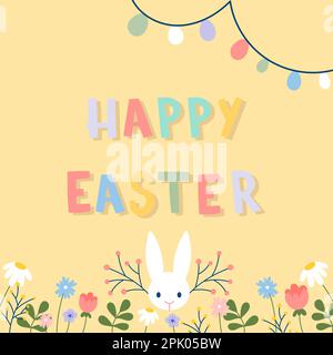 Frohe Osterschrift. Banner mit Eiergirlande, Häschen und Blumen. Vektordarstellung, flaches Design Stock Vektor