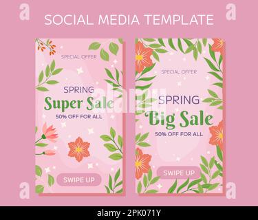 Das Bild zeigt wunderschöne pinkfarbene Blumen, üppig grüne Blätter und einen zarten pinkfarbenen Hintergrund mit dem Text Special Offer Spring Big Sale. Perfekt für Geschichten in sozialen Medien, erregen Sie Aufmerksamkeit und werben Sie für Ihren saisonalen Verkauf. Stock Vektor