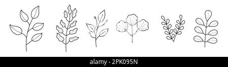 Pflanze Zweige Kritzelsatz Vektor. Blumenzweig und minimalistische Blätter für Tattoo oder Logo. Baumzweige mit Blättern und Blumen. Stock Vektor