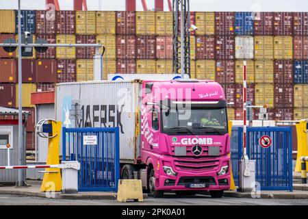 Ein- und Ausgang für Containerfahrzeuge, zum MSC Containerterminal im Seehafen Bremerhaven, Eurogate Container Terminal mit fast 50 Contai Stockfoto