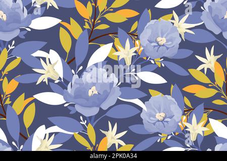 Illustration mit blauen Gartenblumen, blaue und gelbe Leben Stock Vektor