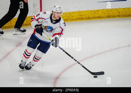 Bridgeport, Connecticut, USA. 4. April 2023. Springfield Thunderbirds Scott Perunovich (15) übernimmt den Puck bei einem American Hockey League-Spiel gegen die Bridgeport Islanders in der Total Mortgage Arena in Bridgeport, Connecticut. Rusty Jones/Cal Sport Media/Alamy Live News Stockfoto