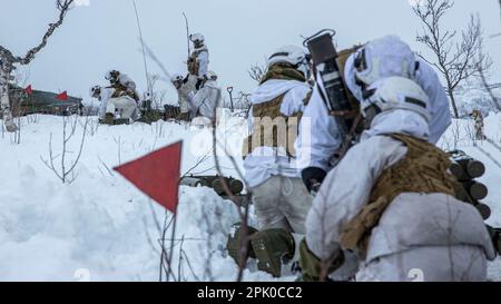 Soldaten der norwegischen Armee feuern Mörser während der Marine Rotational Forces Europe (MRF-E) 23,1 in Setermoen, Norwegen, 30. März 2023. MRF-E konzentriert sich auf regionale Engagements in ganz Europa, indem verschiedene Übungen, Schulungen zur Kriegsführung in den Bergen und Militär-zu-Militär-Einsätze durchgeführt werden, die die allgemeine Interoperabilität der USA verbessern Marinekorps mit Verbündeten und Partnern. (USA Marinekorps Foto von CPL Megan Ozaki) Stockfoto