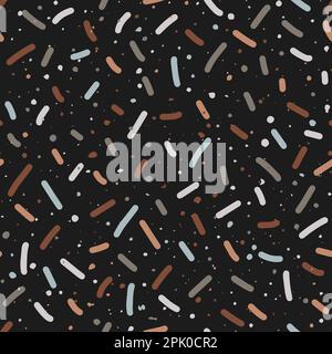 Niedliches, nahtloses Muster mit bunten Konfetti- oder Donuts-Glasur und Streuseln auf schwarzem Hintergrund. Neutrale Pastelltöne mit abstrakter quadratischer Kulisse Stock Vektor