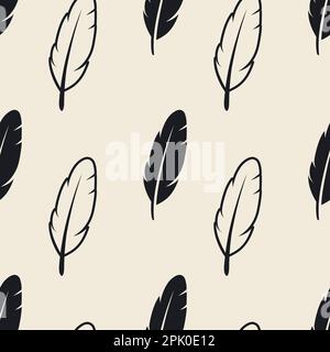 Nahtloses Vektormuster mit verschiedenen schwarzen, flauschigen Silhouetten auf weißem Hintergrund. Designvorlage für Flamingo, Angel, Vogelfedern für Stock Vektor