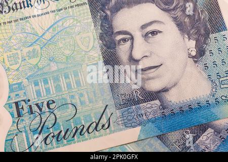 Porträt von Königin Elizabeth II. Auf der 5-Pfund-Note der Bank von England. Stockfoto