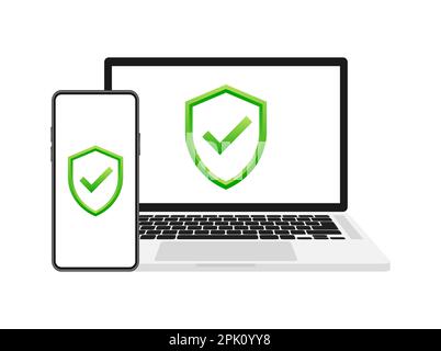 Datensicherheit. Cybersicherheit. Symbol „Abschirmung“ mit Häkchen Stock Vektor