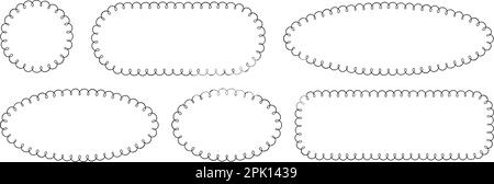 Doodle Circle und ovale Muschelrahmen. Handgezeichnete Rechteck- und Ellipsenformen mit ausgekrümmten Kanten. Einfaches Etikettenformular. Rahmen aus Blumenspitze Stock Vektor