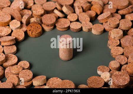 Recycling-Symbol und Weinkork für den sekundären Gebrauch. Erhaltung der Ökologie des Planeten. Rohstoffe für die Wiederverwendung. Umweltschutz. Stockfoto