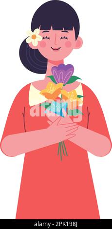 Lächelnde Frau feiert mit Blumen Stock Vektor