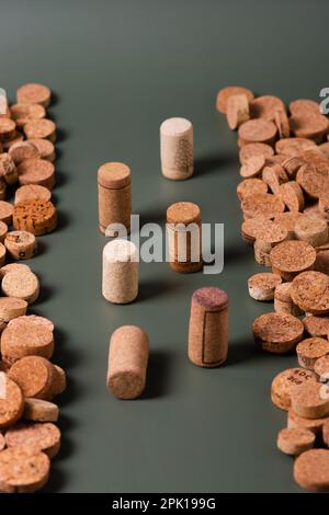 Recycling-Symbol und Weinkork für den sekundären Gebrauch. Erhaltung der Ökologie des Planeten. Rohstoffe für die Wiederverwendung. Umweltschutz. Stockfoto