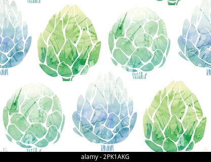 Nahtloses Vektor-Aquarell-Muster mit Silhouette aus Artischocken auf weißem Hintergrund in Reihe. Konsistenz mit Grünkohlgemüse mit Farbspritzern. Stock Vektor