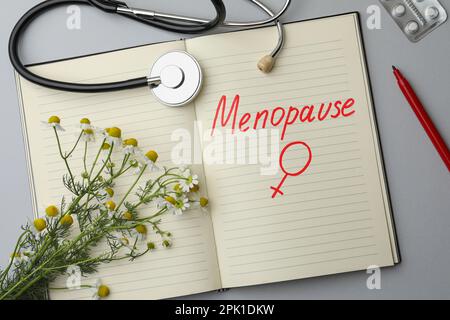 Flaches Notizbuch mit Wort Menopause und weiblichem Geschlechtszeichen auf hellgrauem Hintergrund Stockfoto