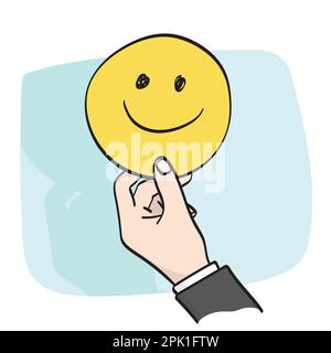 Großhand eines Geschäftsmannes mit gelbem Lächeln Emoticon Illustration Vektor Hand gezeichnet isoliert auf weißem Hintergrund Strichkunst. Stock Vektor