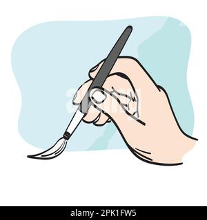 Nahaufnahme Hand halten Pinsel Illustration Vektor Hand isoliert auf weißem Hintergrund gezeichnet Linienkunst. Stock Vektor