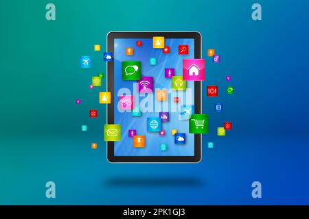Fliegende Symbole um einen Tablet-PC herum. Cloud-Computing-Konzept. 3D-Abbildung isoliert auf blauem Hintergrund. Stockfoto