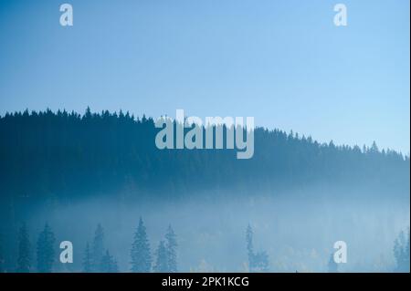 Bergkette mit sichtbaren Silhouetten durch den morgendlichen blauen Nebel Stockfoto