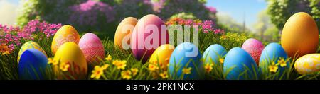 Frischer Frühlingshintergrund mit ostereiern-Banner, grüne saftige Wiese. Farbige Ostereier versteckte Blumen Gras. Osterkonzept. Frühlingssommer mit frischem Gras vor blauem Himmel. Stockfoto