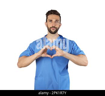 Doktor macht Herz mit Händen auf weißem Hintergrund Stockfoto