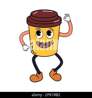 Coole, lustige Tasse Kaffee-Cartoon-Figur, alter Hippie 70s. Doodle-Comic-Charakter Stock Vektor