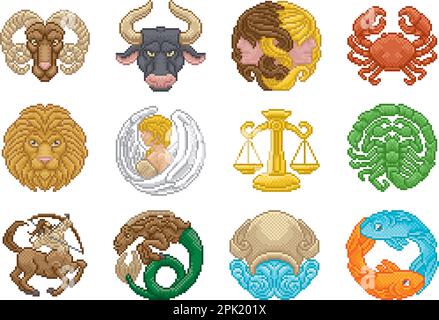 Zodiac Horoscope Pixel Art Astrologie Sternzeichen Stock Vektor