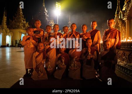 Yangon, Myanmar. 04. April 2023. Junge Mönche und Nonnen posieren für ein Porträt, während sie in der Shwedagon-Pagode in Rangun beten. Das tägliche Leben während des tödlichen Bürgerkriegs in Myanmar. Am 1. Februar 2021 ergriff die Militärjunta-Regierung (Tatmadaw) die Macht durch Putsch, sperrte die demokratisch gewählte Regierung ein und stürzte das Land in eine anhaltende humanitäre Krise. (Foto: Matt Hunt/SOPA Images/Sipa USA) Guthaben: SIPA USA/Alamy Live News Stockfoto