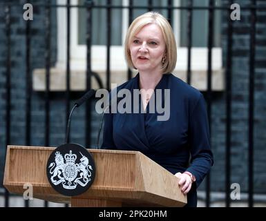 London, Großbritannien. 06. September 2022. Die neu gewählte britische Premierministerin Liz Truss hält ihre erste Rede in der Downing Street in London. (Foto: Fred Duval/SOPA Images/Sipa USA) Guthaben: SIPA USA/Alamy Live News Stockfoto