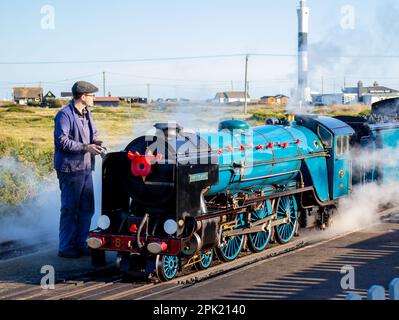 Ein Ingenieur kümmert sich um die Dampflok Hurricane auf der Romney, Hythe und Dymchurch Light Railway in Dungeness Station. Das Old Dungeness Lighthouse ist es Stockfoto