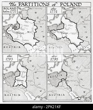 Karte mit den Partitionen Polens von oben links, Polen vor 1772, nach 1772, nach 1793 und nach 1795. Es handelte sich dabei um drei Teile des polnisch-litauischen Commonwealth, die die Existenz des Staates beendeten, wodurch das souveräne Polen und Litauen für 123 Jahre eliminiert wurde, und die von der Habsburger Monarchie, dem Königreich Preußen und dem russischen Reich durchgeführt wurden. Aus dem Buch Outline of History von H.G. Wells, veröffentlicht 1920. Stockfoto