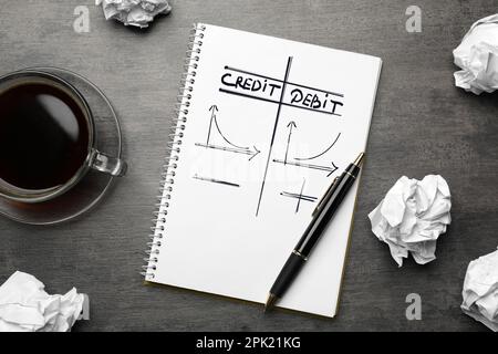 Doppelte Buchführung. Zeichnung von Hyperbeln mit Aufschrift Credit und Debit im Notizbuch auf grauem Tisch, flach liegend Stockfoto