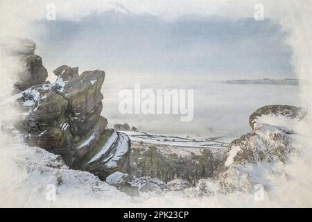 Temperaturinvertierung digitale Aquarellmalerei der Kakerlaken bei Sonnenaufgang im Winter im Peak District National Park, Großbritannien. Stockfoto