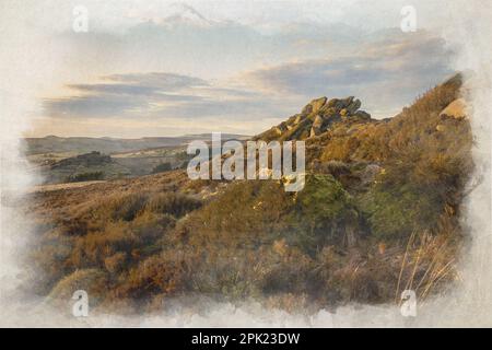 Ein digitales Aquarellgemälde des Sonnenuntergangs bei Baldstone und Gib Torr rockt im Winter im Peak District National Park, Staffordshire, Großbritannien. Stockfoto