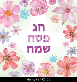 Vorlage für Vektorkarte „Happy Passover“. Abbildung mit orangefarbenen und blauen Blumen. Frühlingsszene, Vektor-Aquarell-Hintergrund-Illustration Stock Vektor
