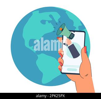 Megafon in der Hand auf Smartphone-Bildschirm und Globus halten Stock Vektor