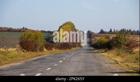 Wunderschöne Herbststraße. Hintergrund Herbst. Landstraße aus altem Asphalt inmitten wunderschöner Bäume mit gelben und orangefarbenen Blättern. Reisen und Wandern in t Stockfoto