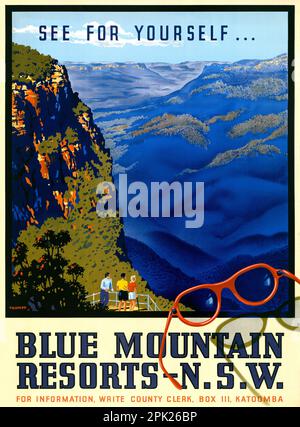 Überzeugen Sie sich selbst... Blue Mountain Resorts von Percy Trompf (1902-1964). Poster wurde 1930 in Australien veröffentlicht. Stockfoto