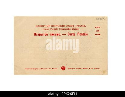 Lew Nikolajewitsch Tolstoi (russisch: Лев Николаевич Толстой; 9. September [O.S. 28. August] 1828. – 20. November [O.S. 7 November] 1910), im Englischen gewöhnlich als Leo Tolstoi bezeichnet, war ein russischer Schriftsteller. Rückseite Alte Vintage-Postkarte des Russischen Reiches, 1900s. Stockfoto
