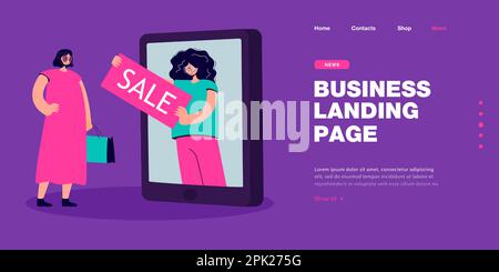 Verkäufer auf einem riesigen Telefonbildschirm, der der Frau ein Verkaufsbanner zeigt Stock Vektor