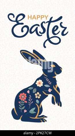 Poster für Geschichten, Frühlingsblumen und farbige Eier. Flache Vektordarstellung. Weihnachtsbanner, Flyer oder Glückwunschgutschein, Broschürenvorlage Stock Vektor