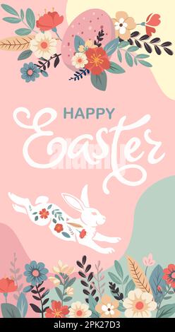 Poster für Geschichten, Frühlingsblumen und farbige Eier. Flache Vektordarstellung. Weihnachtsbanner, Flyer oder Glückwunschgutschein, Broschürenvorlage Stock Vektor