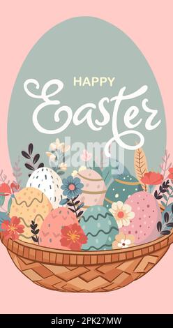 Frohes, nahtloses Ostermuster. Trendiges Osterdesign mit Typografie, handgezeichneten Strichen und Punkten, Eiern und Hase in Pastelltönen. Moderne, minimalistische Stock Vektor